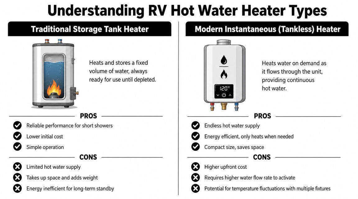 A comparison chart showing the differences between traditional storage tank heaters and modern tankless RV water heaters.