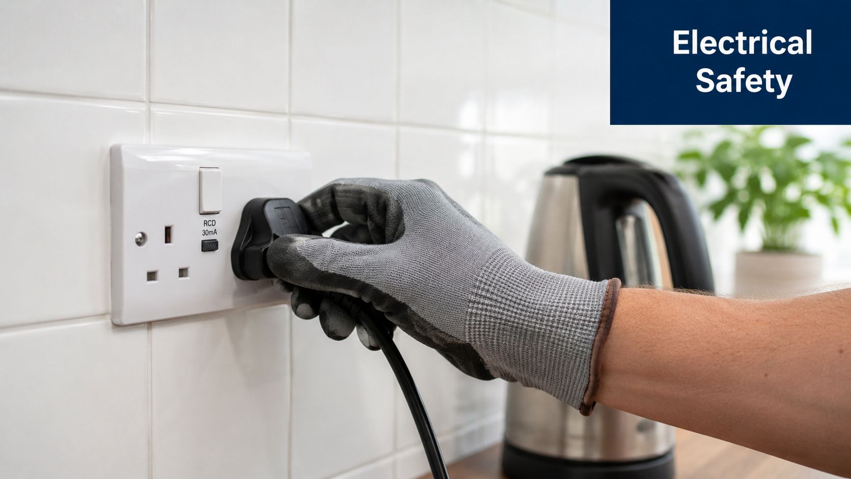 A person wearing protective gloves safely plugging an electrical appliance into a wall socket in a kitchen.
