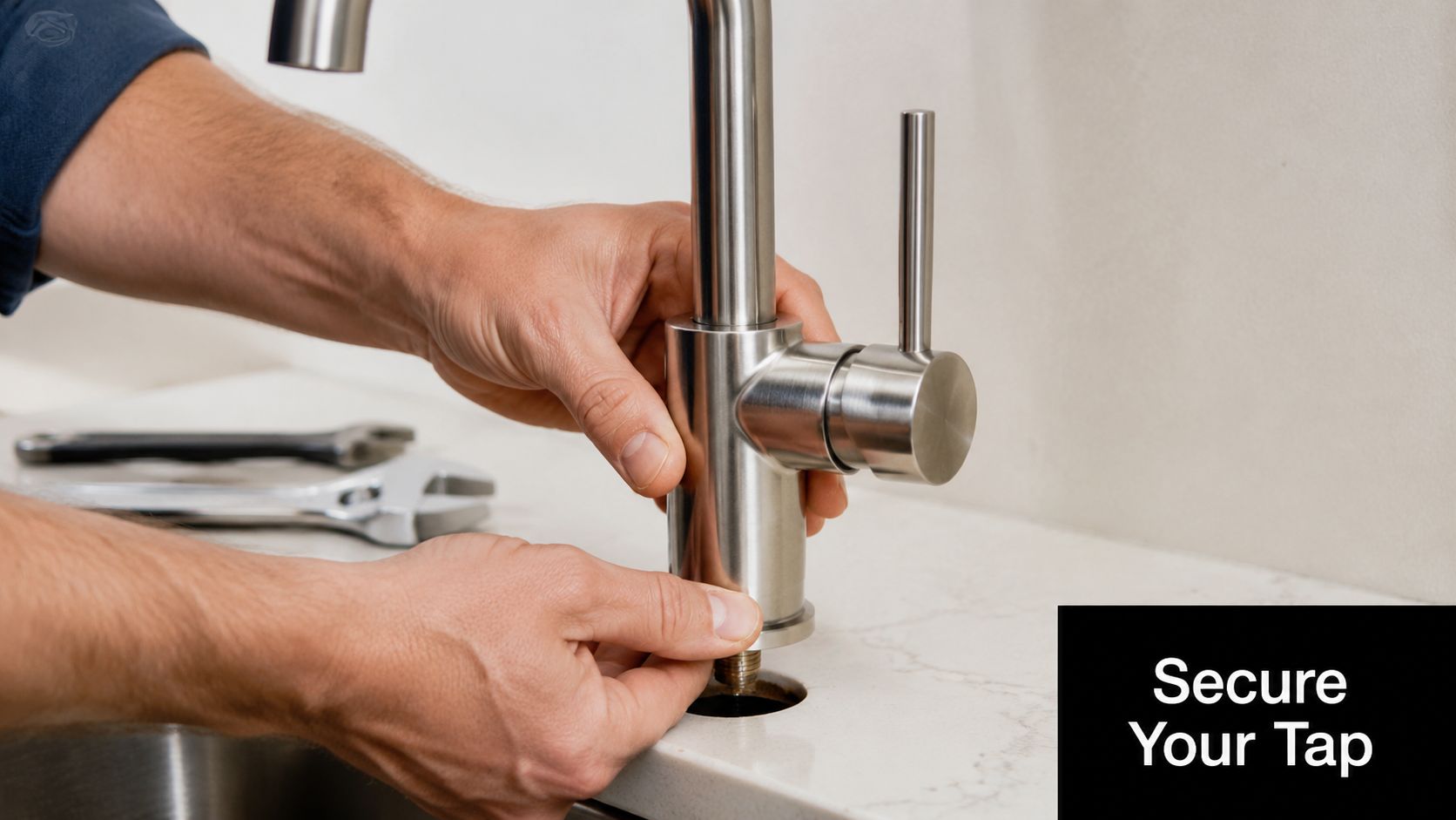 A professional plumber installing a new stainless steel kitchen faucet onto a marble countertop.