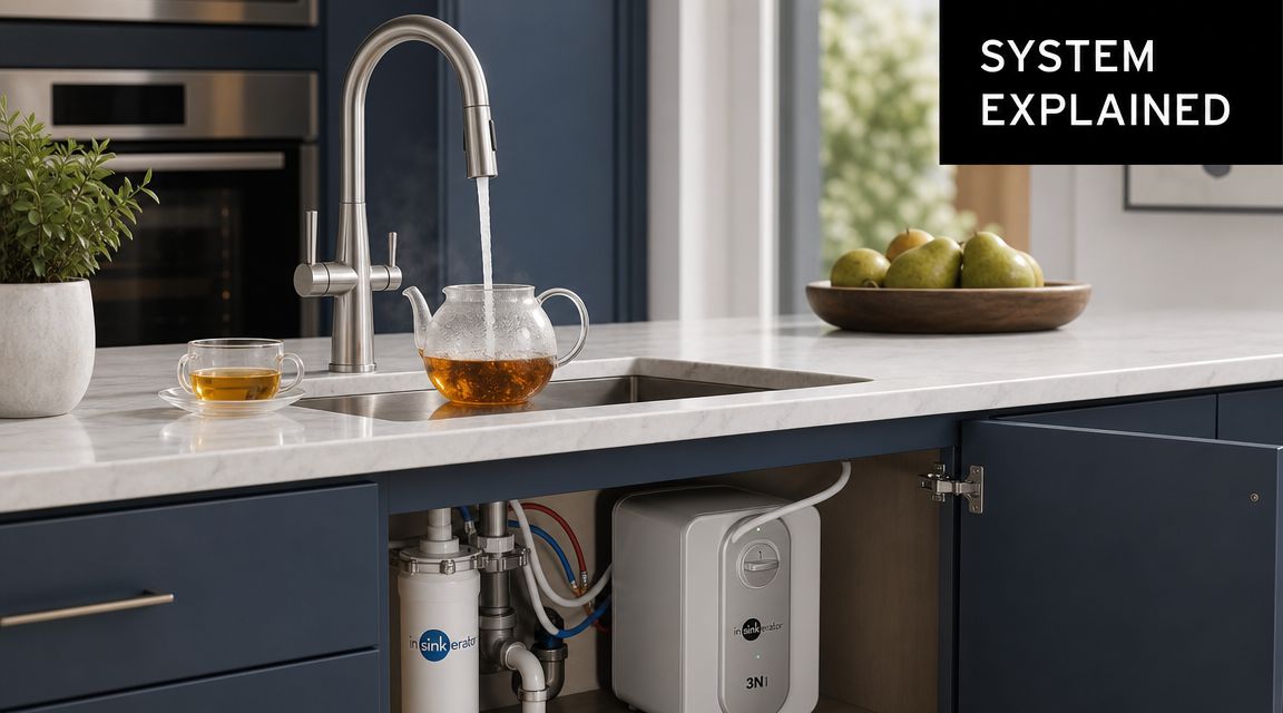 A modern kitchen faucet dispensing hot water into a glass teapot, with an under-sink water heating system visible.