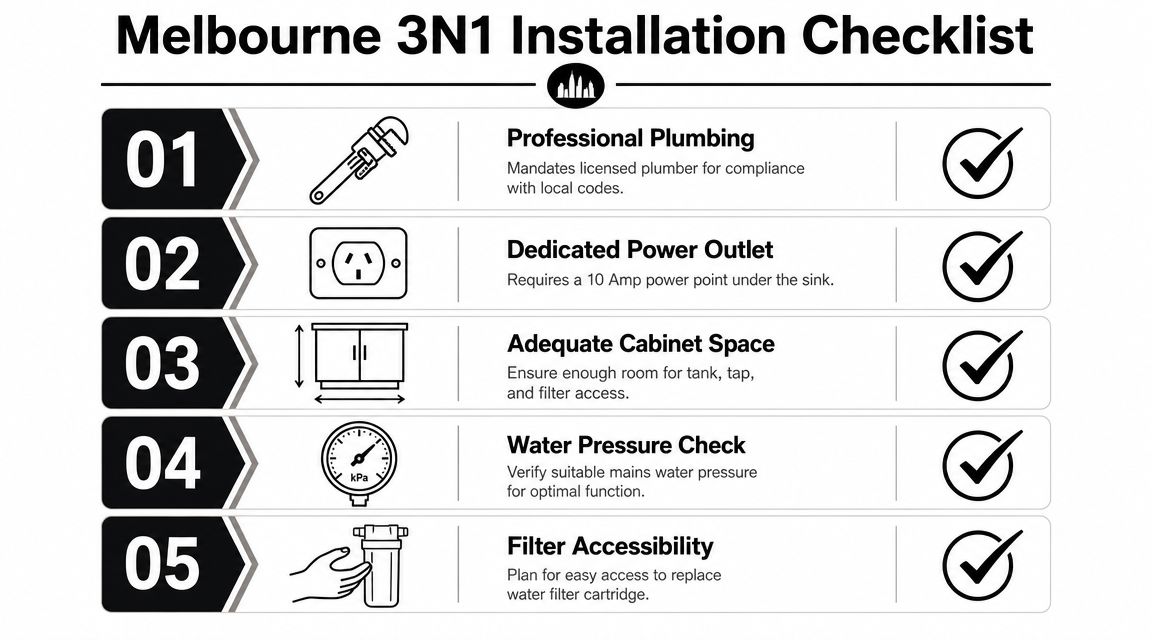 A checklist for installing a Melbourne 3N1 hot water tap featuring plumbing, power, cabinet space, pressure, and filters.