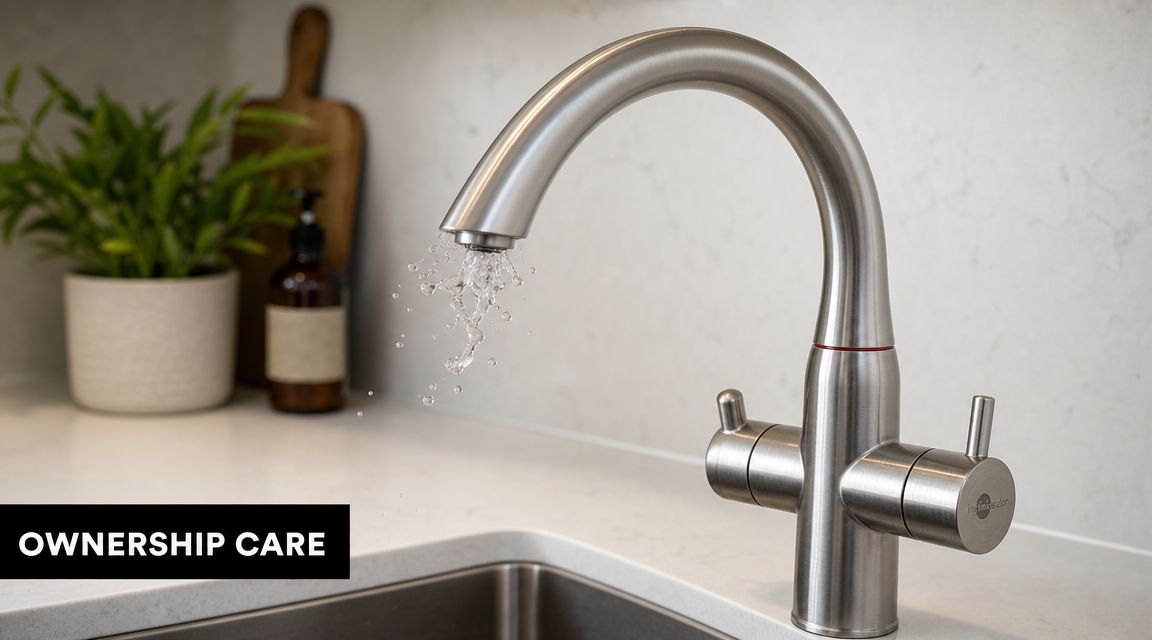 A close-up view of a stainless steel InSinkErator 3n1 hot water tap dispensing water into a sink.