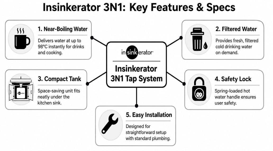 A diagram illustrating the key features and specifications of an Insinkerator 3N1 tap system for kitchen use.