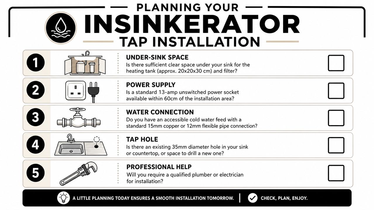 A checklist guide for planning the installation of an InSinkErator hot water tap at home.