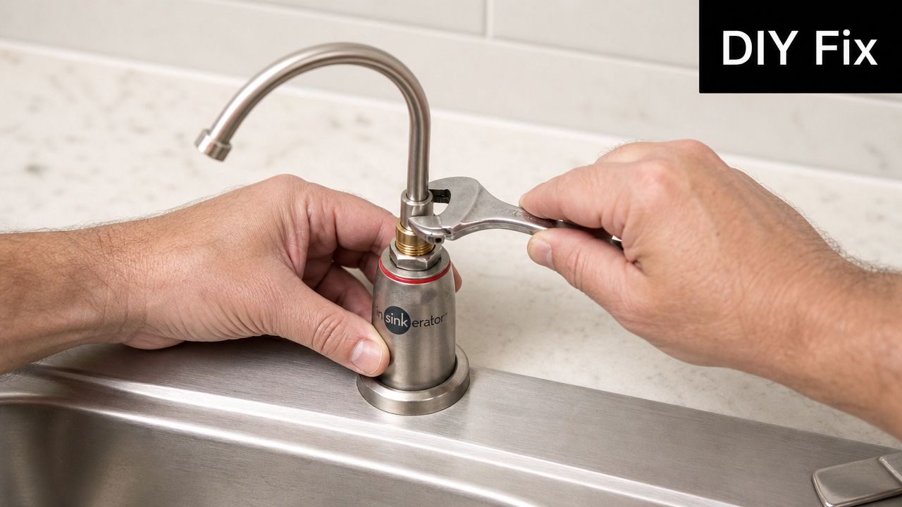 A person uses an adjustable wrench to tighten the nut on an InSinkErator hot water kitchen faucet.