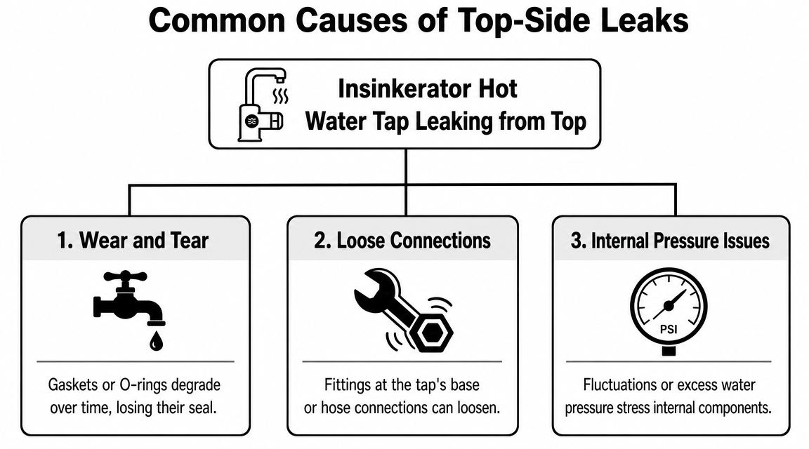 A diagram outlining the three primary reasons why an Insinkerator hot water tap might leak from the top.