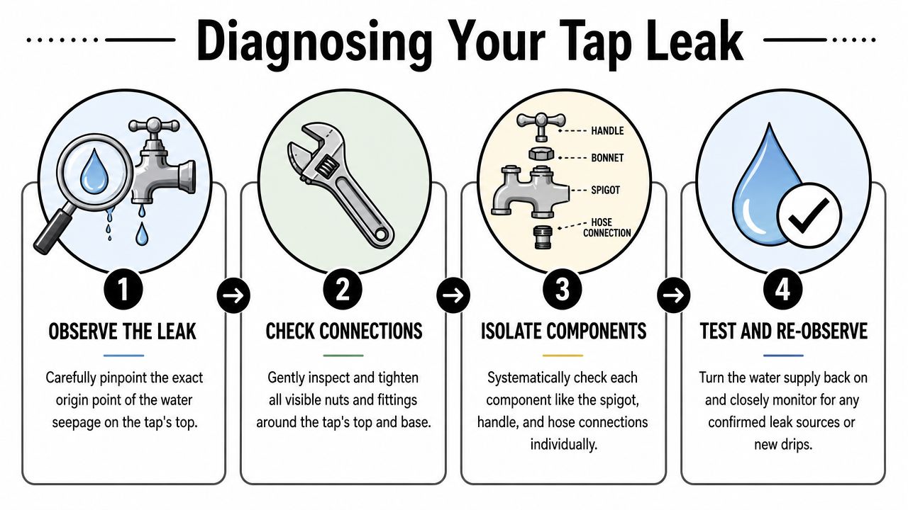 A four-step infographic illustrating how to diagnose and repair a leaking tap with simple instructions.