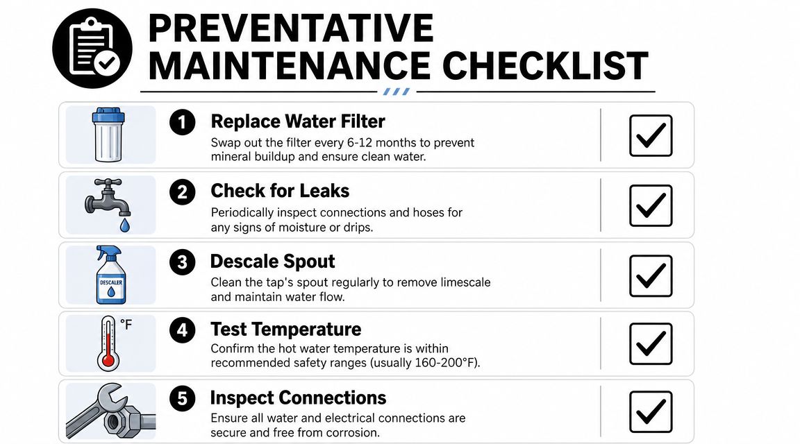 A preventative maintenance checklist infographic for an instant hot water tap system featuring five essential steps.
