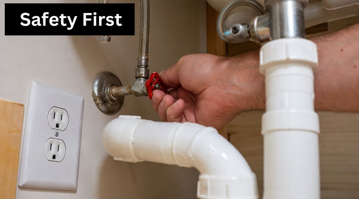 A hand turning off the water shut-off valve under a kitchen sink for plumbing maintenance.