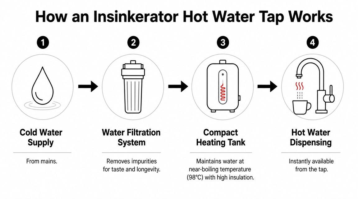 A diagram showing the four-step process of how an InSinkErator hot water tap system functions.