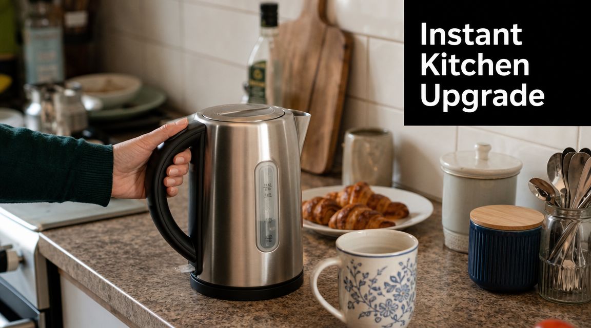 A stainless steel electric kettle sitting on a kitchen counter with a hand holding the handle.