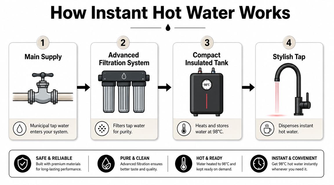 A diagram illustrating the four-step process of an instant hot water tap system from supply to dispensing.