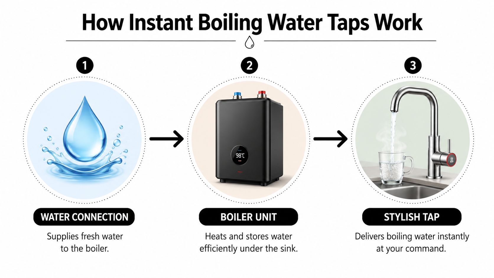 A diagram illustrating the three simple steps of how an instant boiling water tap system functions.