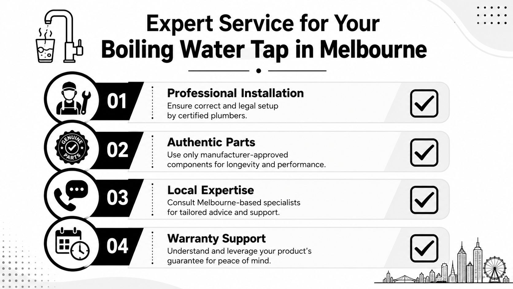 A professional infographic outlining four key services for instant boiling water tap maintenance in Melbourne, Australia.