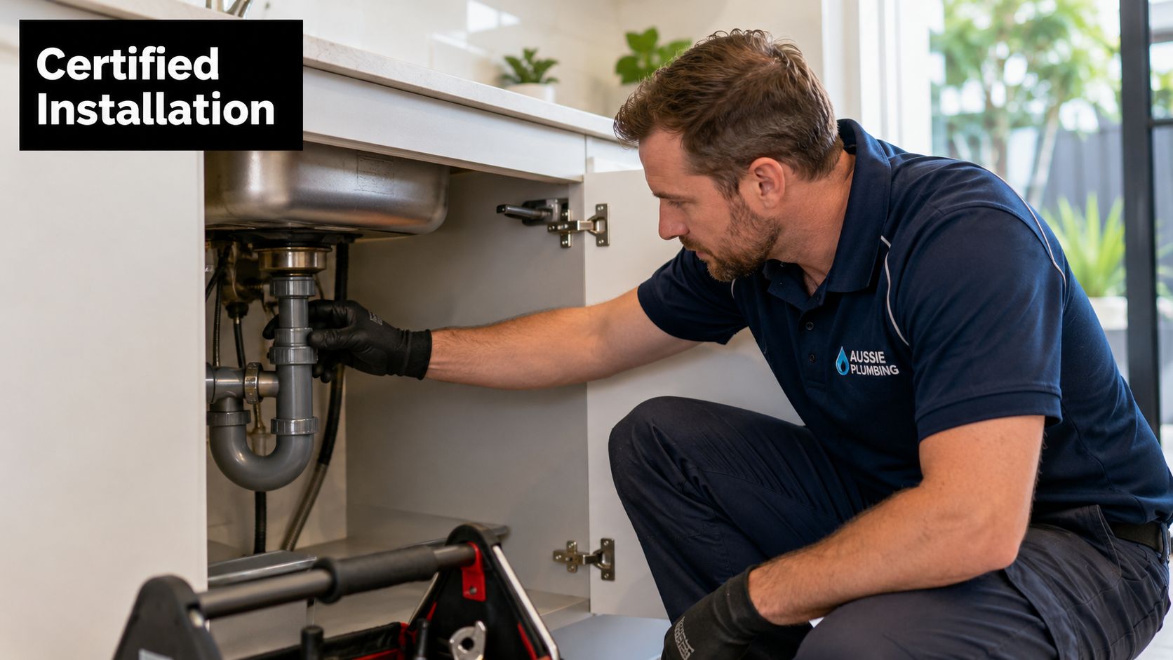 An expert plumber from Aussie Plumbing professionally installing an instant boiling water tap under a kitchen sink.