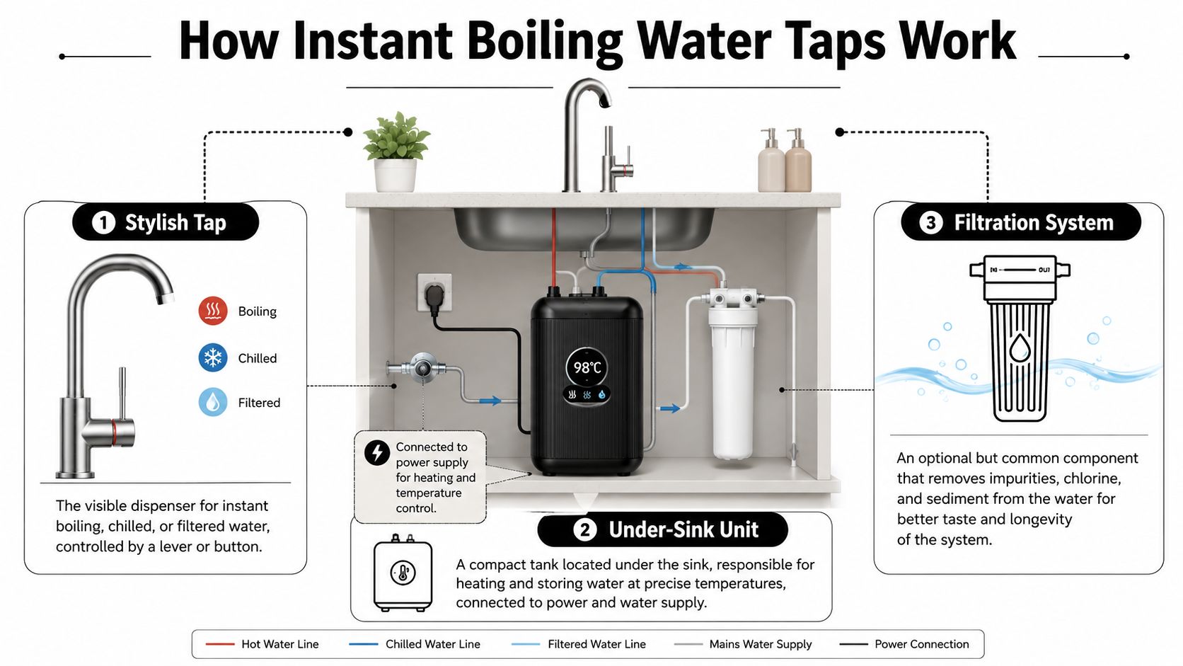 A diagram illustrating the components and internal workings of an instant boiling water tap system.