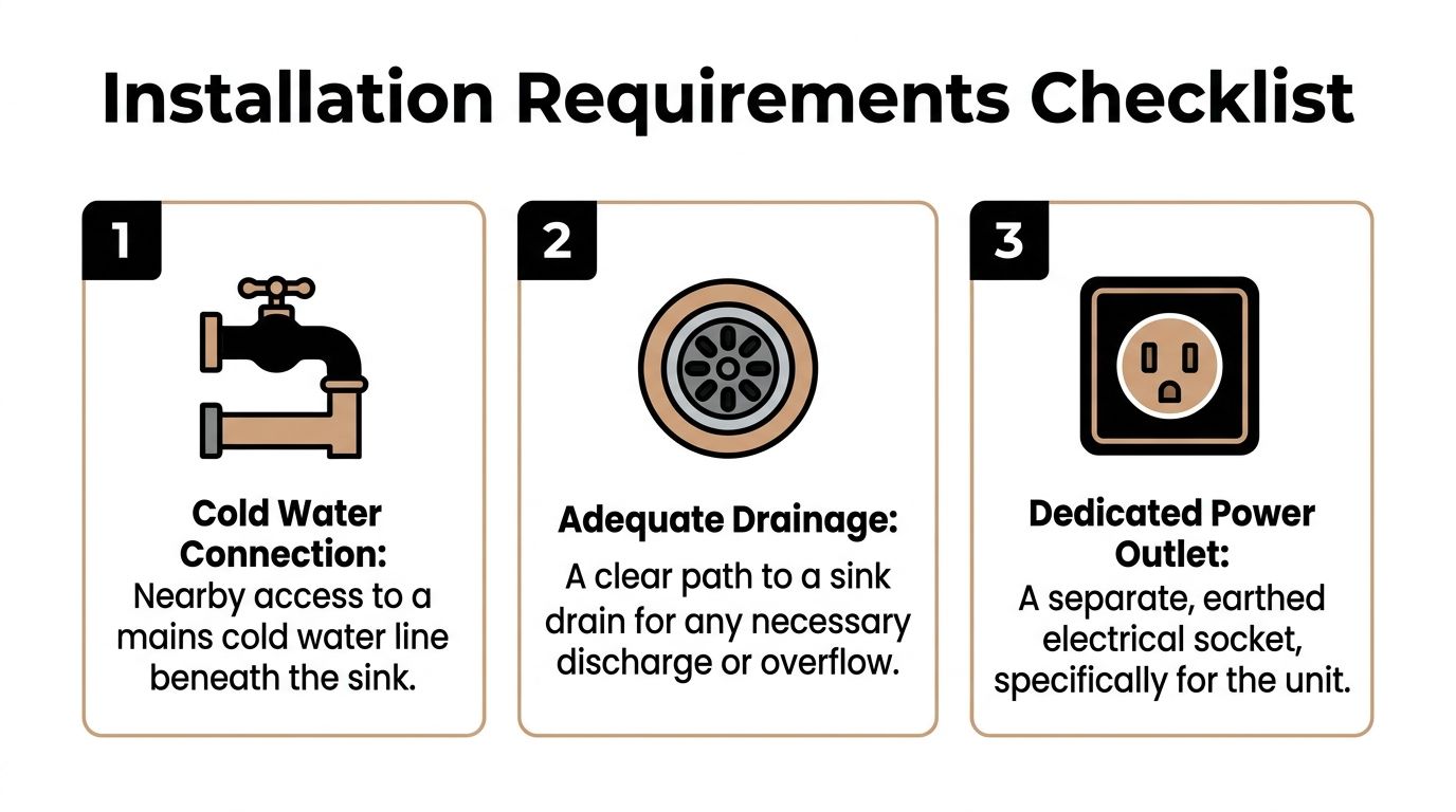 An installation requirements checklist for an instant boiling water tap including water, drainage, and power.
