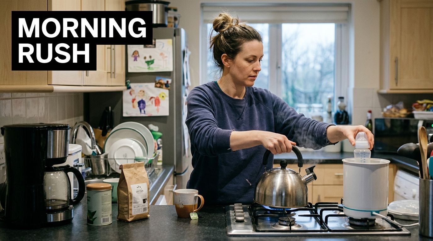 A woman multitasking in a kitchen while heating a baby bottle and preparing a hot drink.