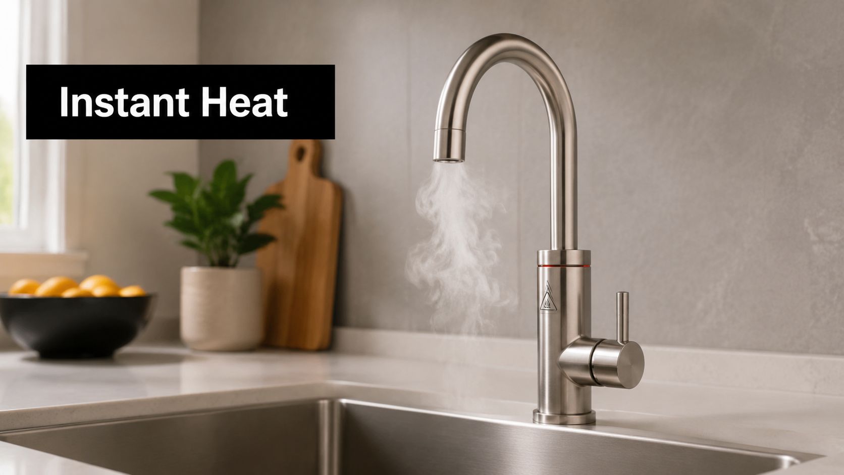 A sleek, stainless steel instant hot water tap dispensing steaming water into a modern kitchen sink.