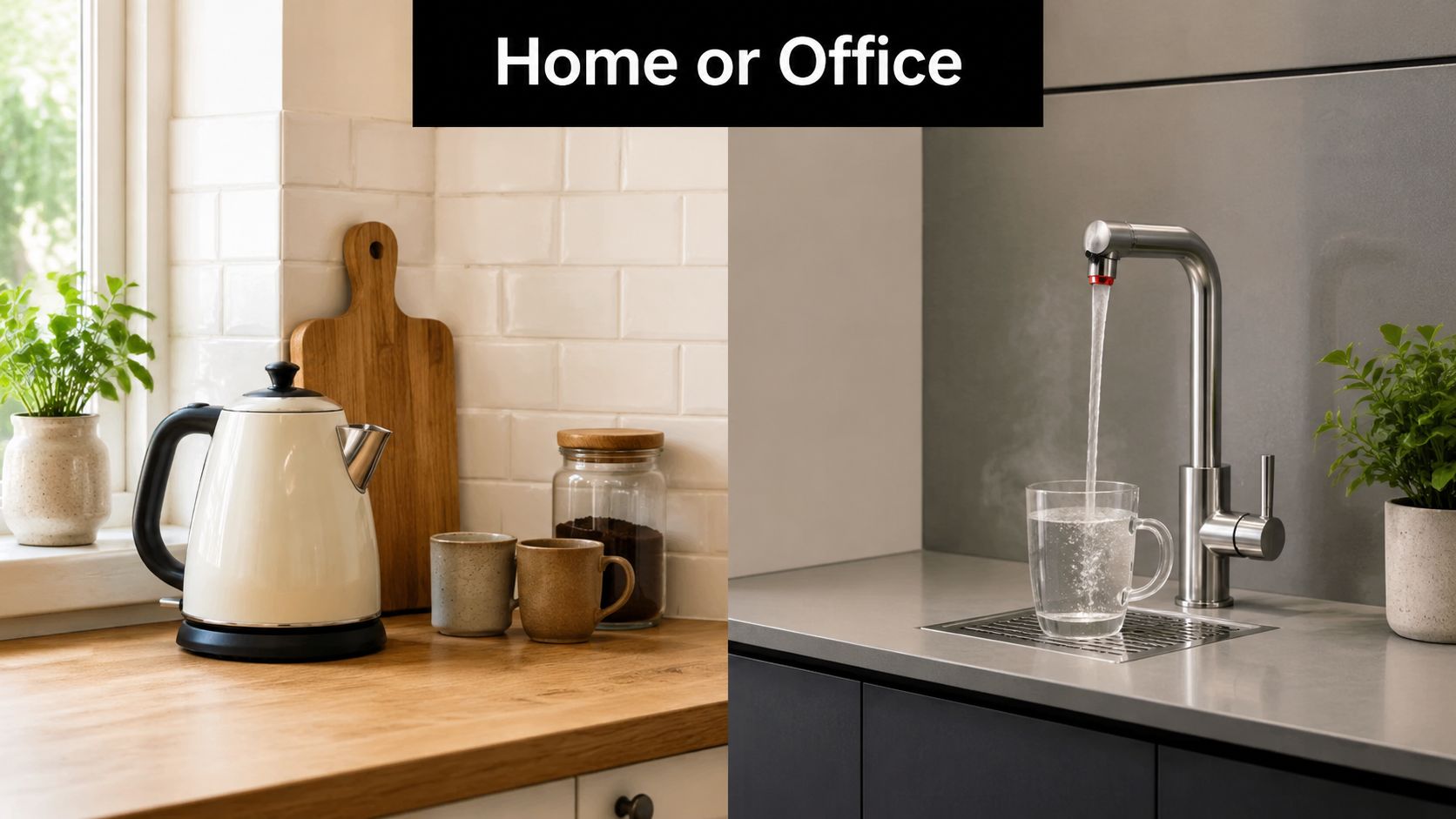 A split-screen comparison showing a traditional electric kettle on the left and a modern boiling water tap.