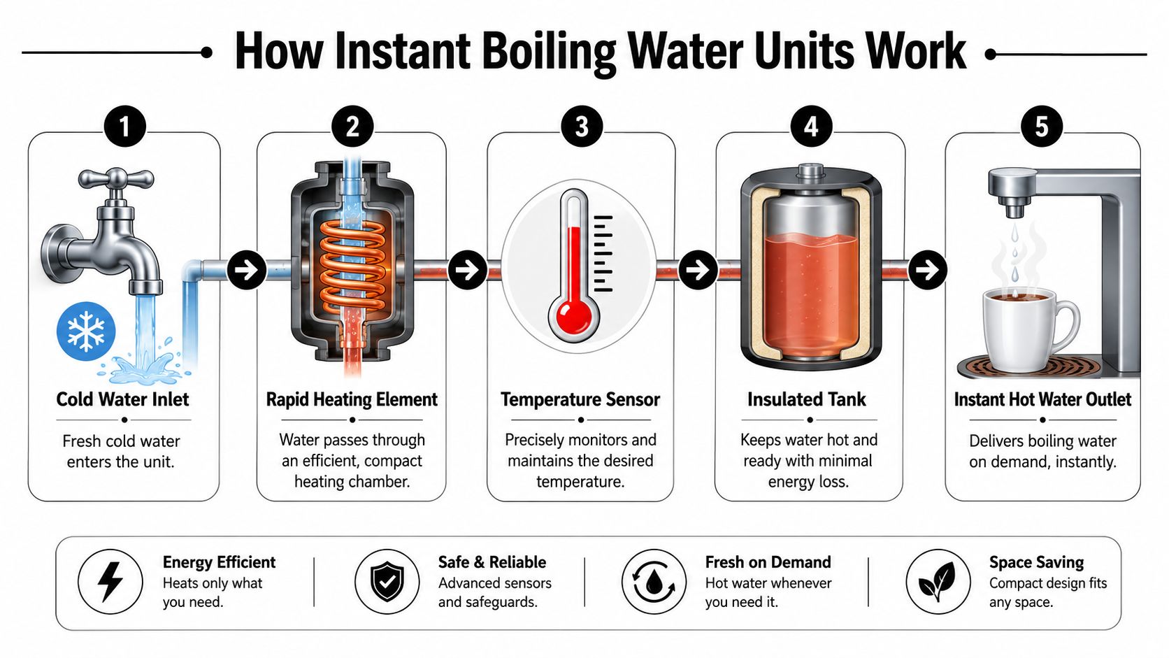 A diagram illustrating the five-step process of how instant boiling water units heat and dispense water.