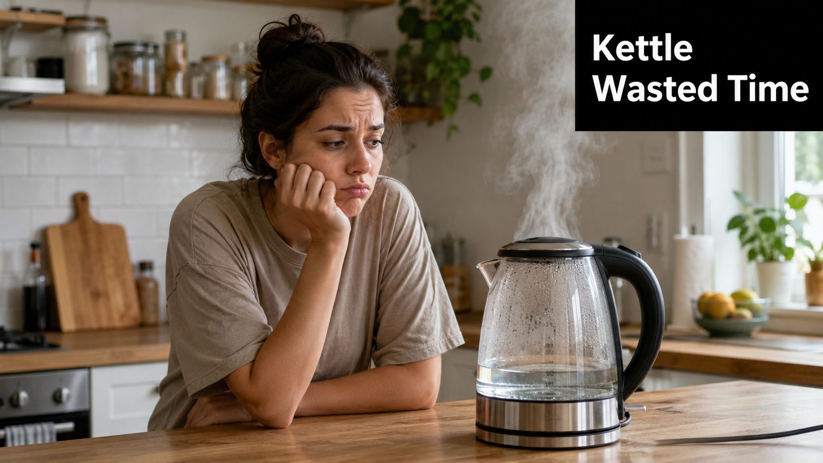 A young woman looks bored while waiting for a glass electric kettle to boil water in her kitchen.
