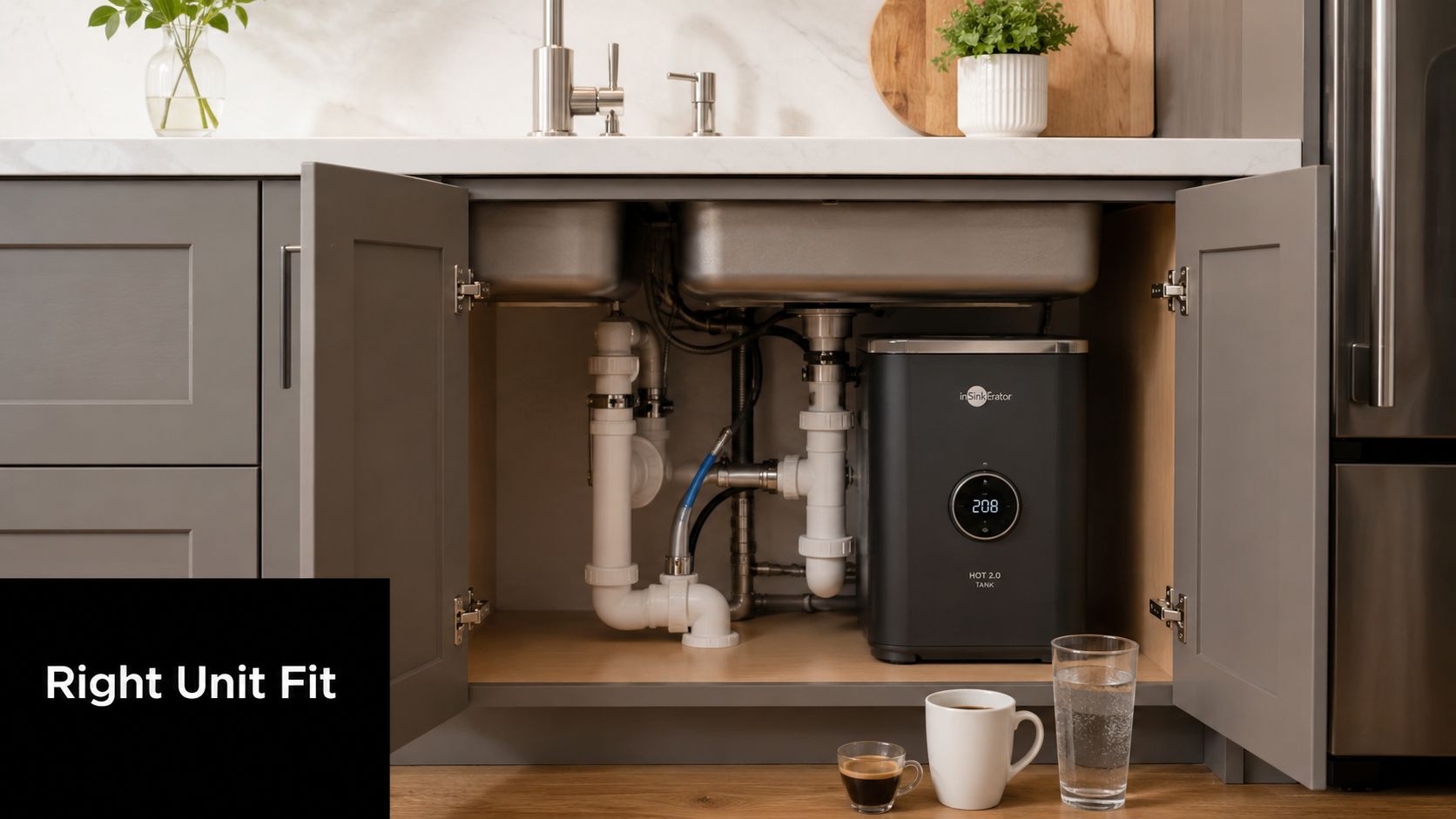 An under-sink InSinkErator hot water tank unit installed neatly inside a gray kitchen cabinet under the sink.