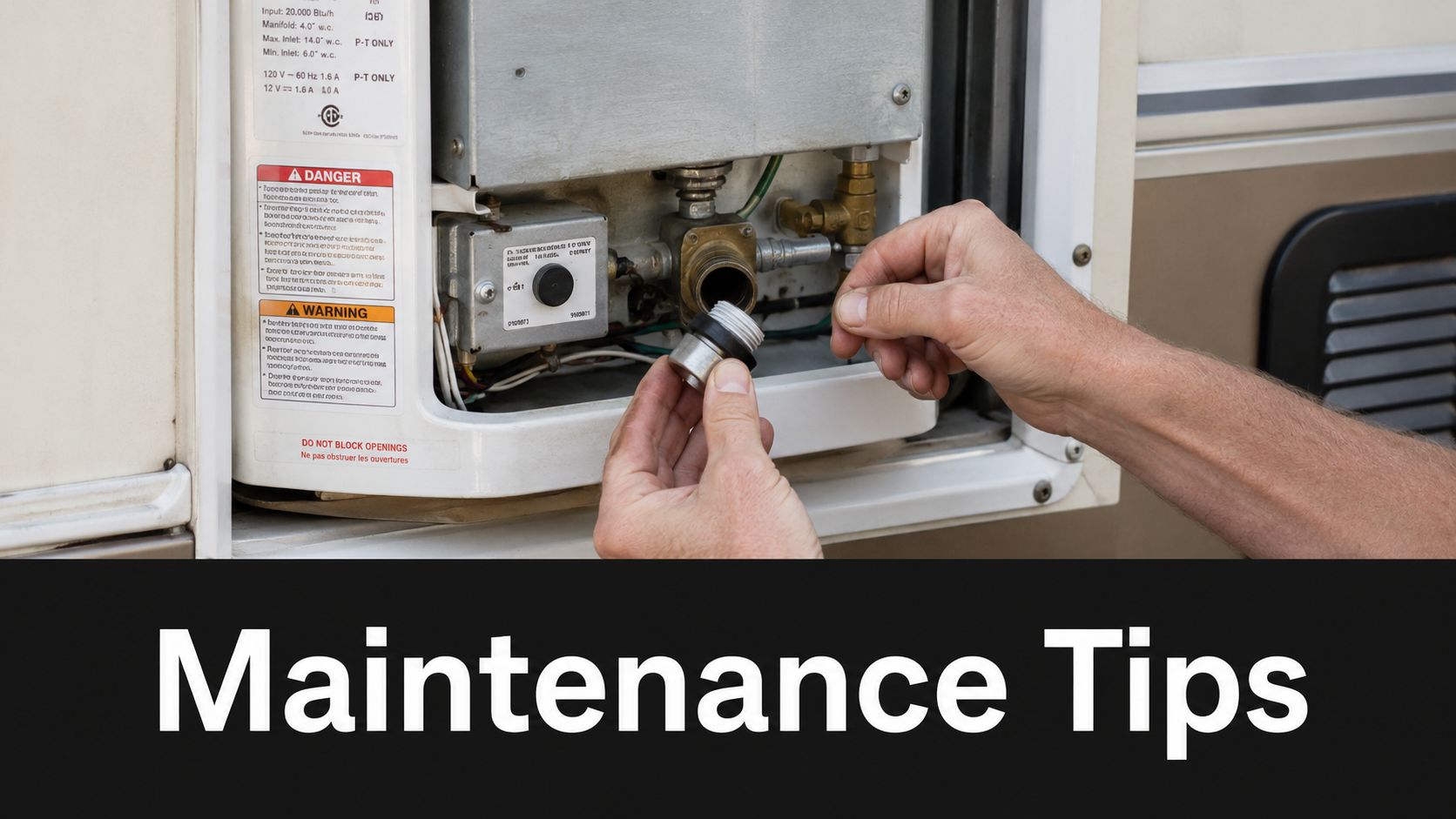 A close-up view of a person performing routine maintenance on an RV hot water heater drain plug.