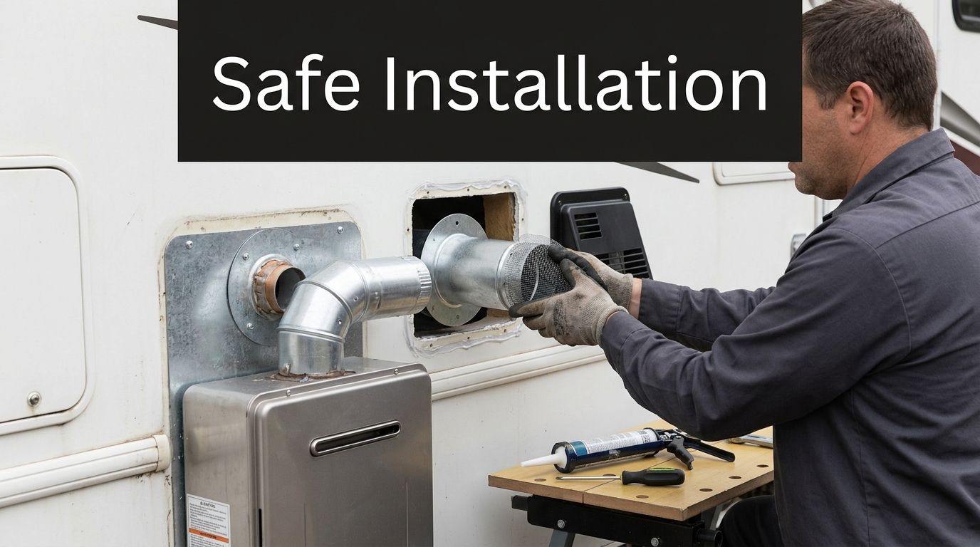 A technician wearing work gloves installs a vent screen onto an RV hot water heater exterior assembly.