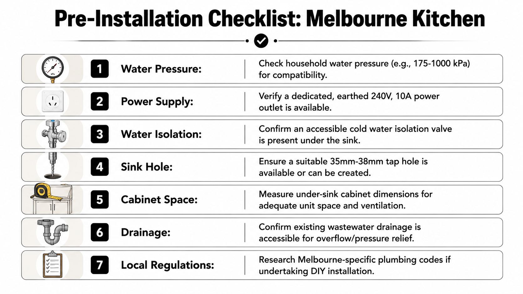 A checklist infographic detailing seven essential requirements for installing a Melbourne kitchen under sink boiling water unit.