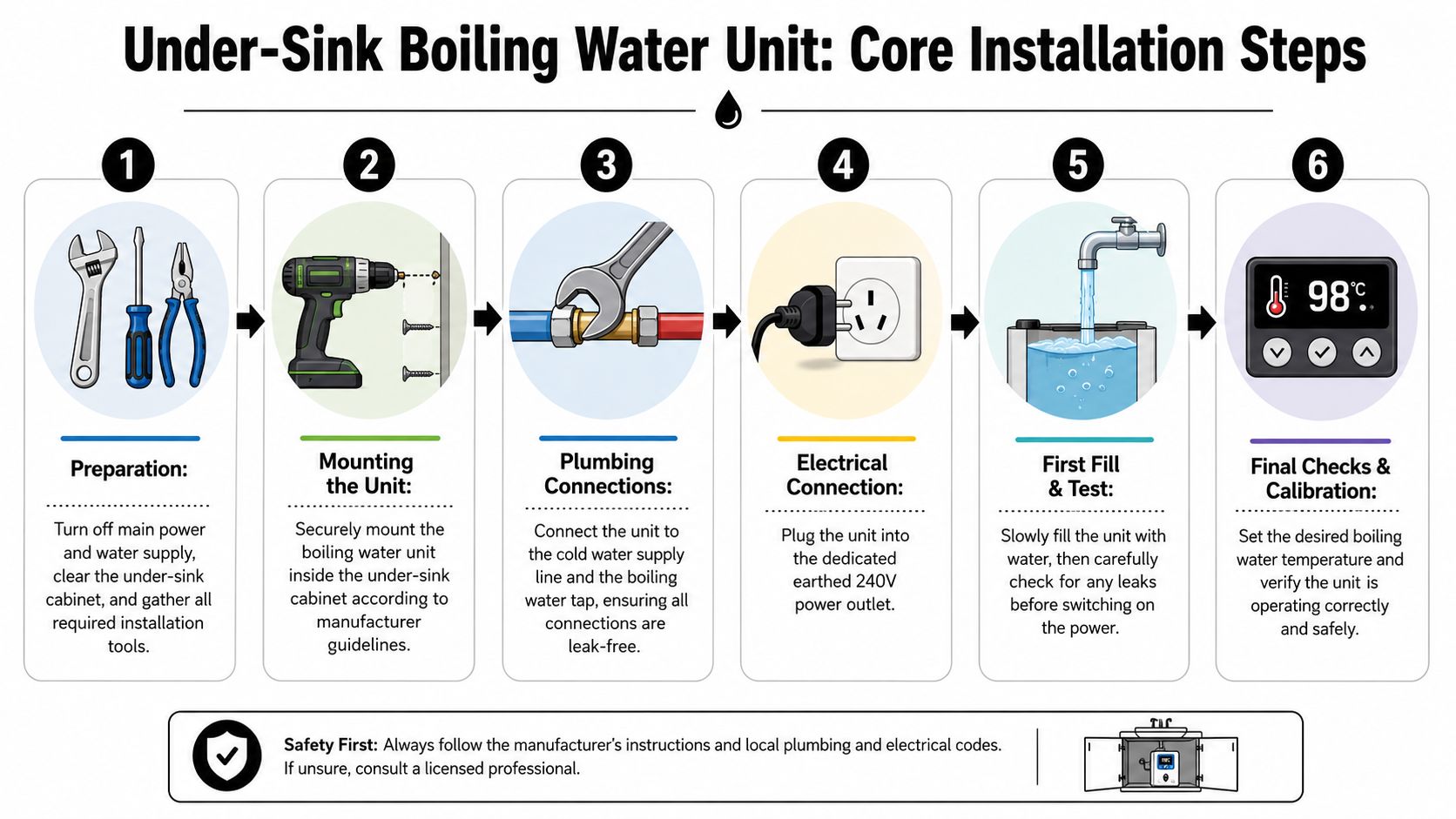 A six-step infographic illustrating the core installation process for an under-sink boiling water unit system.
