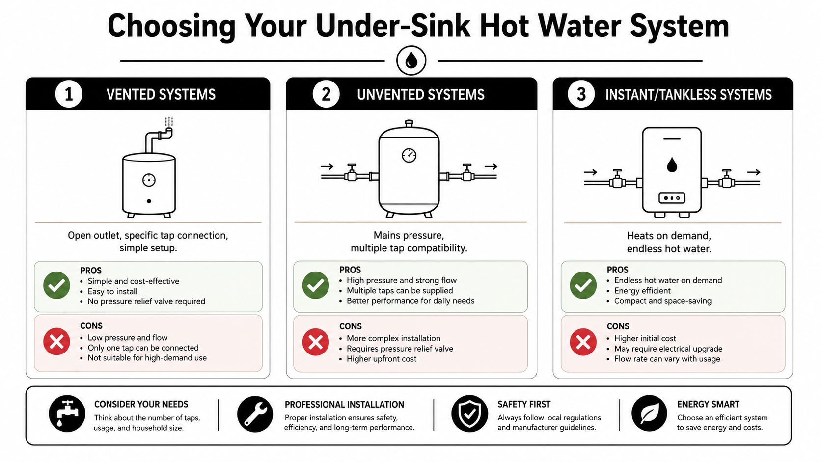 A comparison chart explaining the differences between vented, unvented, and instant tankless under-sink hot water systems.