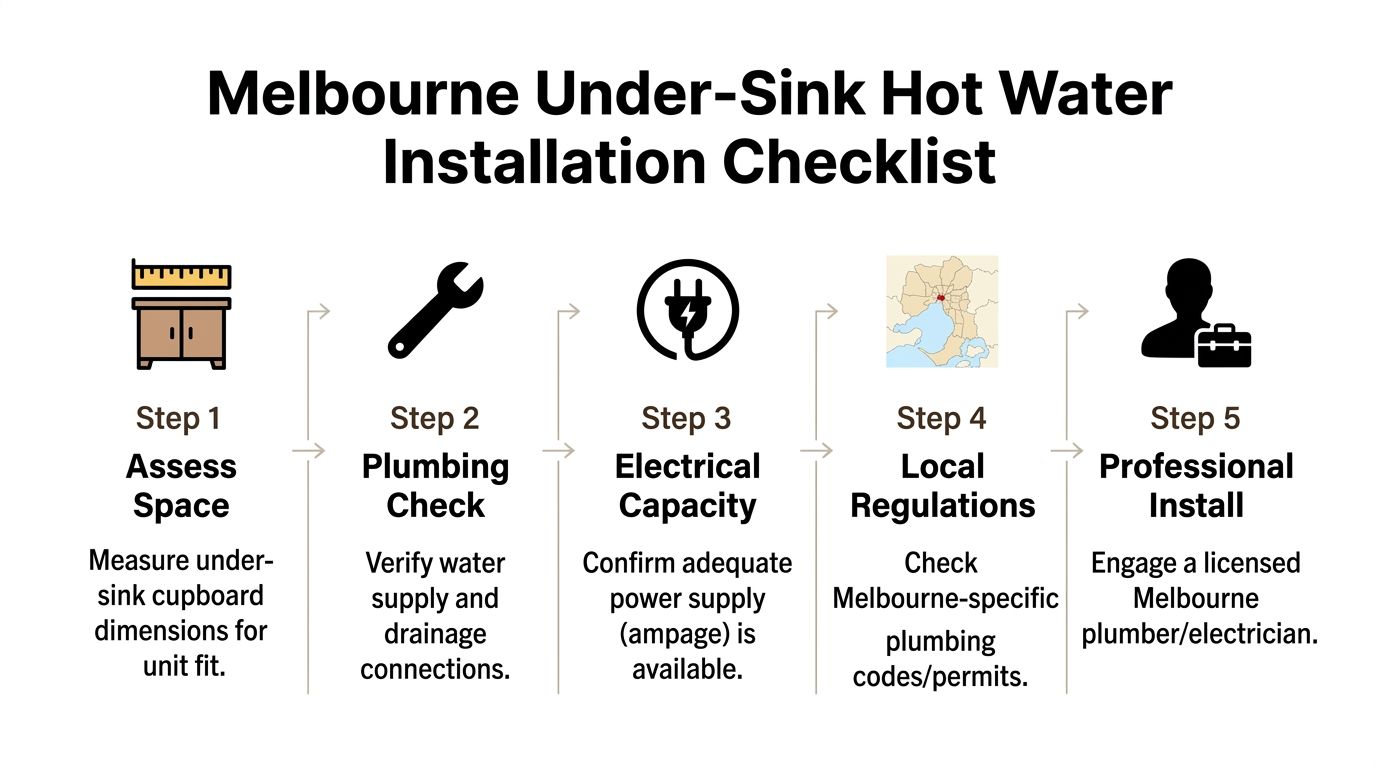 A five-step instructional checklist for installing an under-sink hot water system in a Melbourne home.