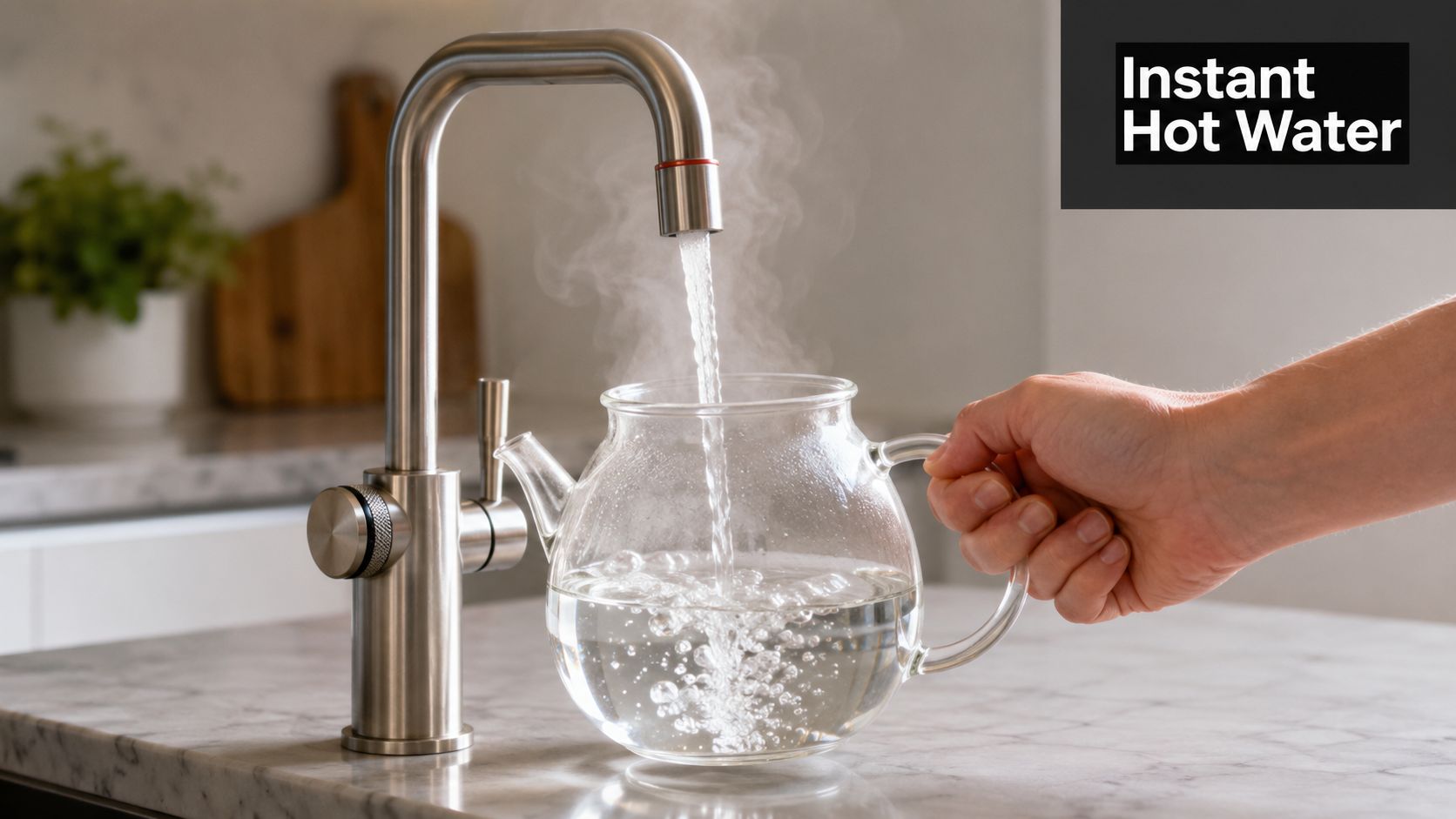 A person holding a glass teapot under an instant hot water tap in a kitchen.