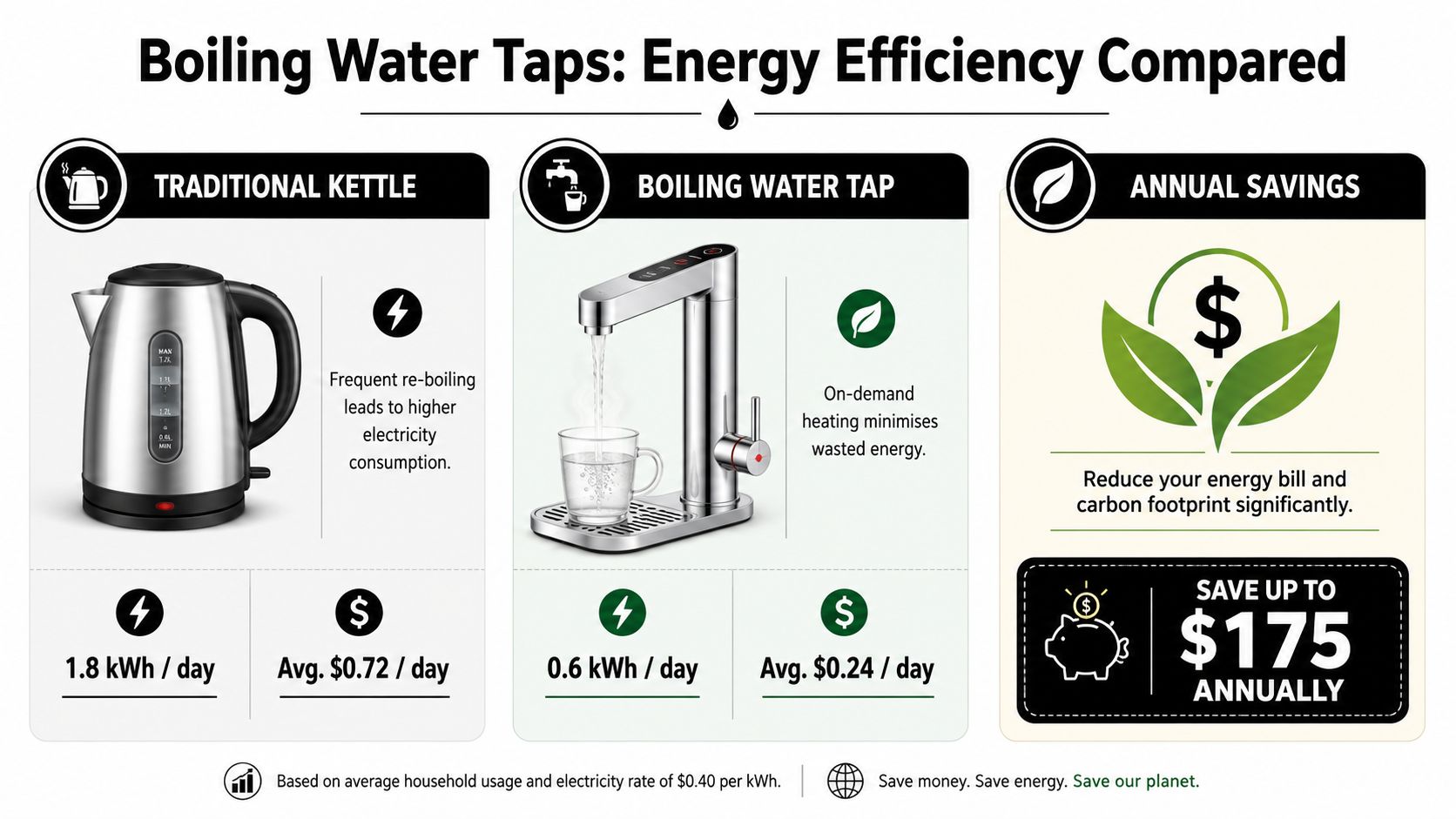 A comparative infographic showing energy efficiency and cost savings between a traditional kettle and boiling water tap.