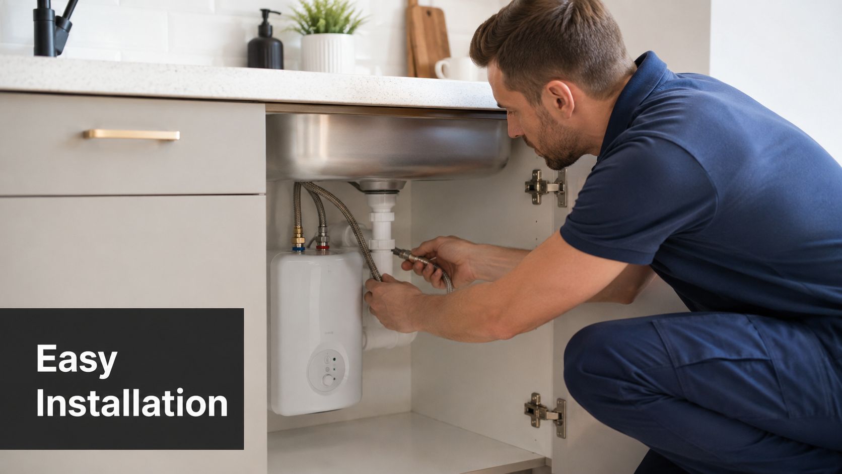 A professional plumber installing a compact under-sink water heater unit in a modern kitchen cabinet.