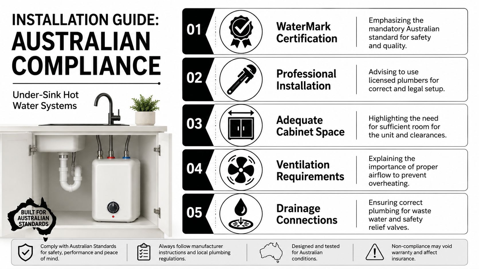 An installation guide for under-sink hot water systems in Australian kitchens, outlining five key compliance requirements.