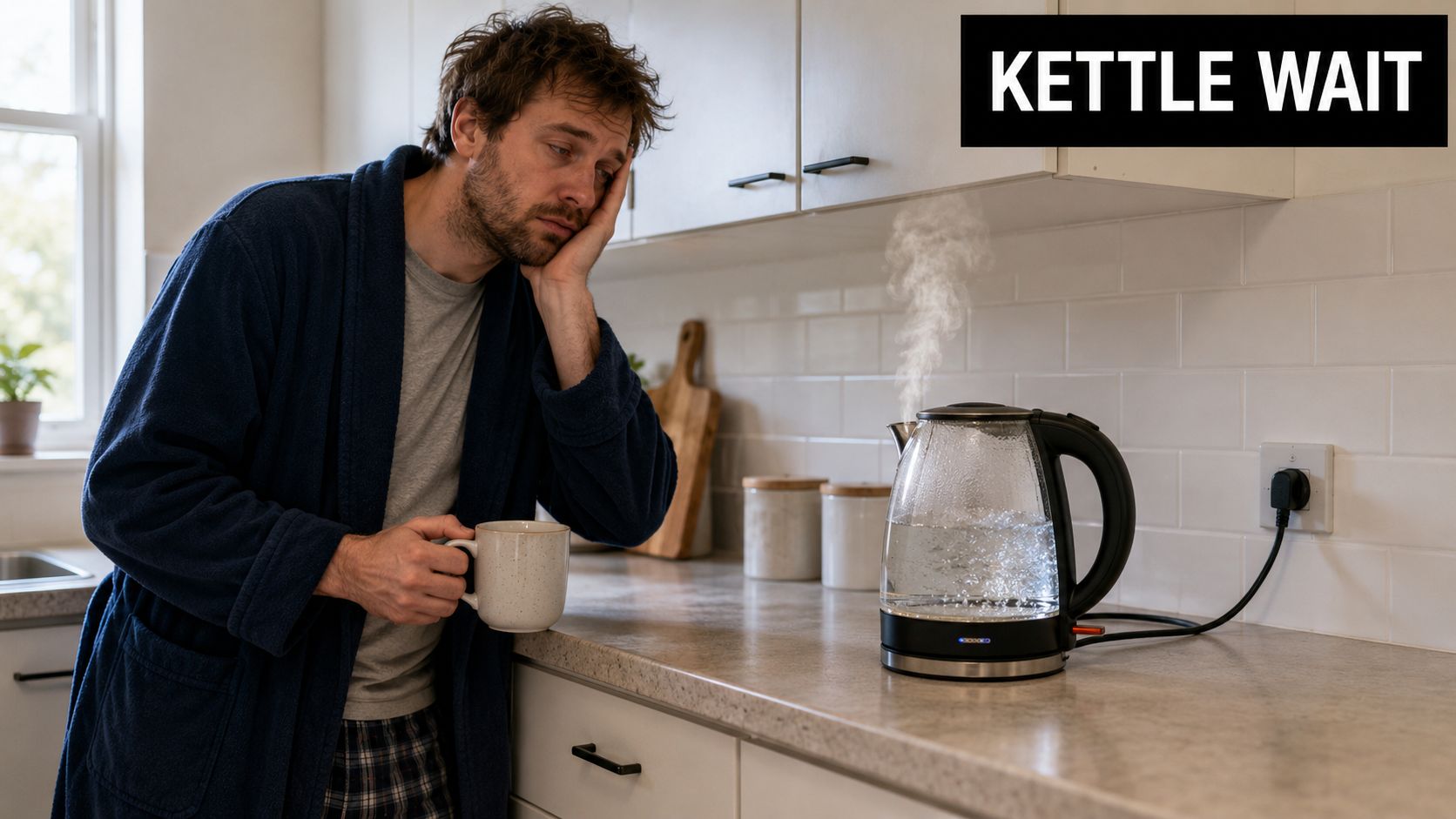 A tired man in a bathrobe waits impatiently in a kitchen for his kettle to boil.