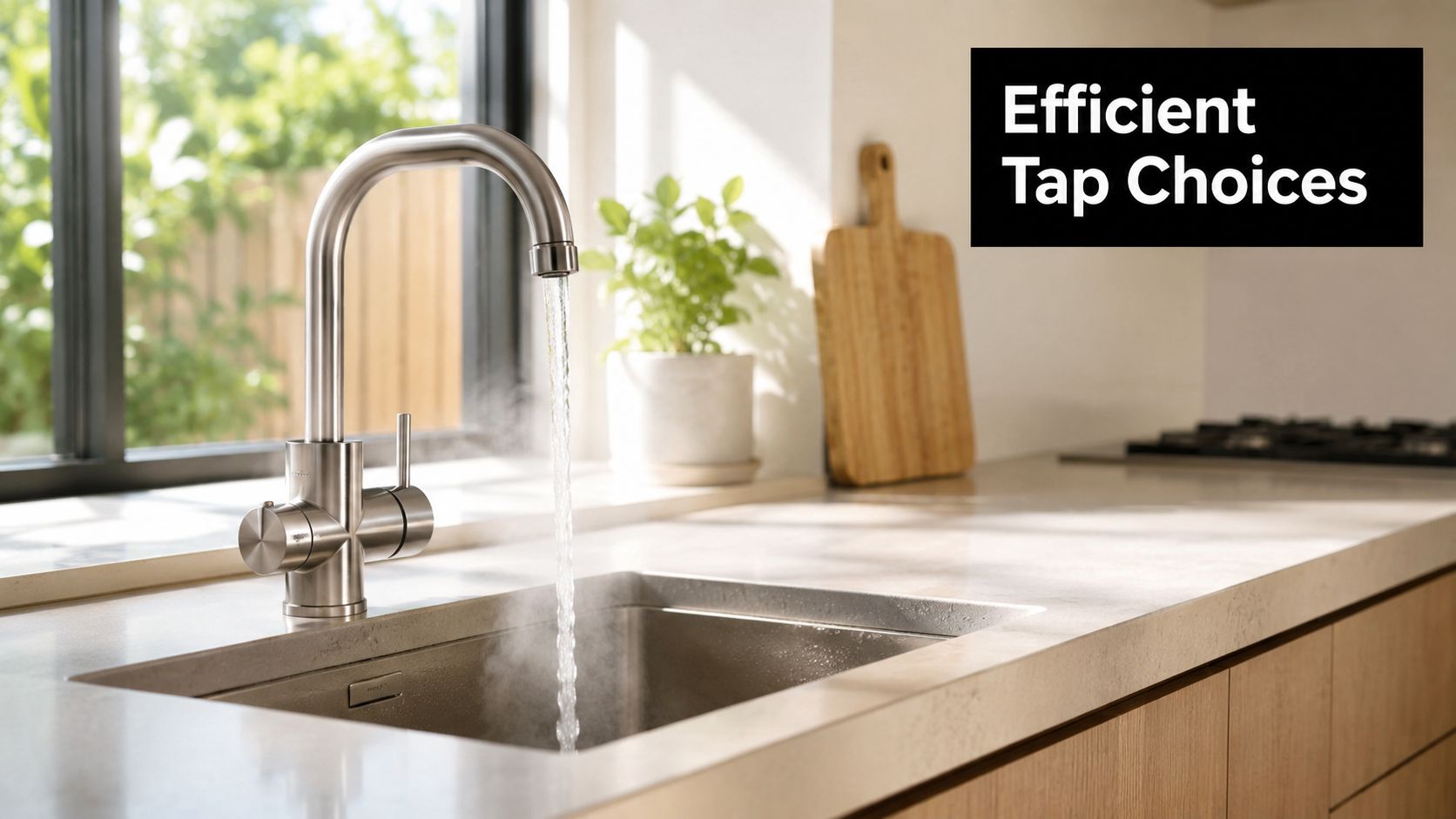 A modern kitchen faucet pouring steaming hot water into a stainless steel sink on a stone countertop.