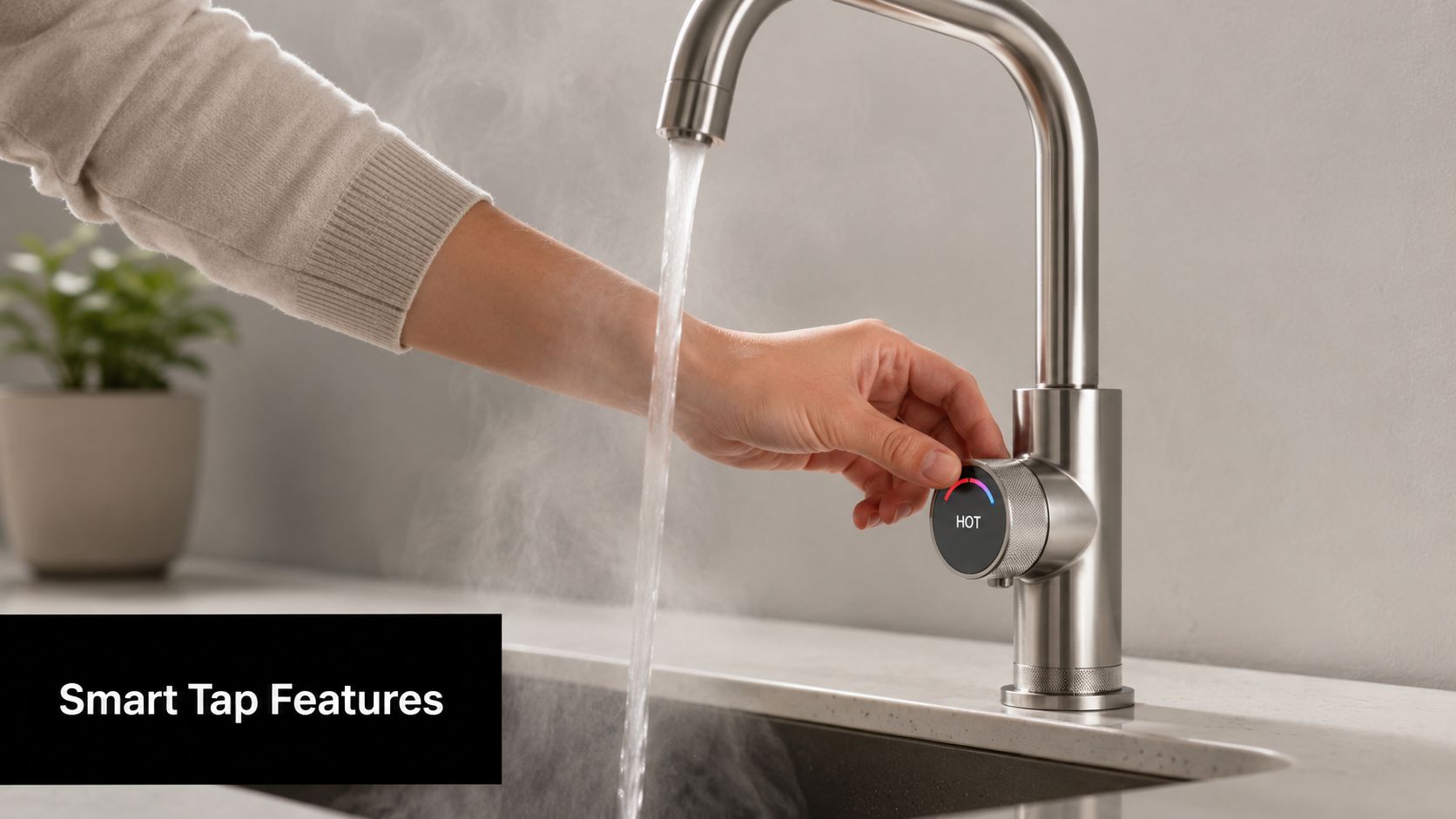 A hand adjusts the temperature on a sleek modern smart water tap dispensing hot water.