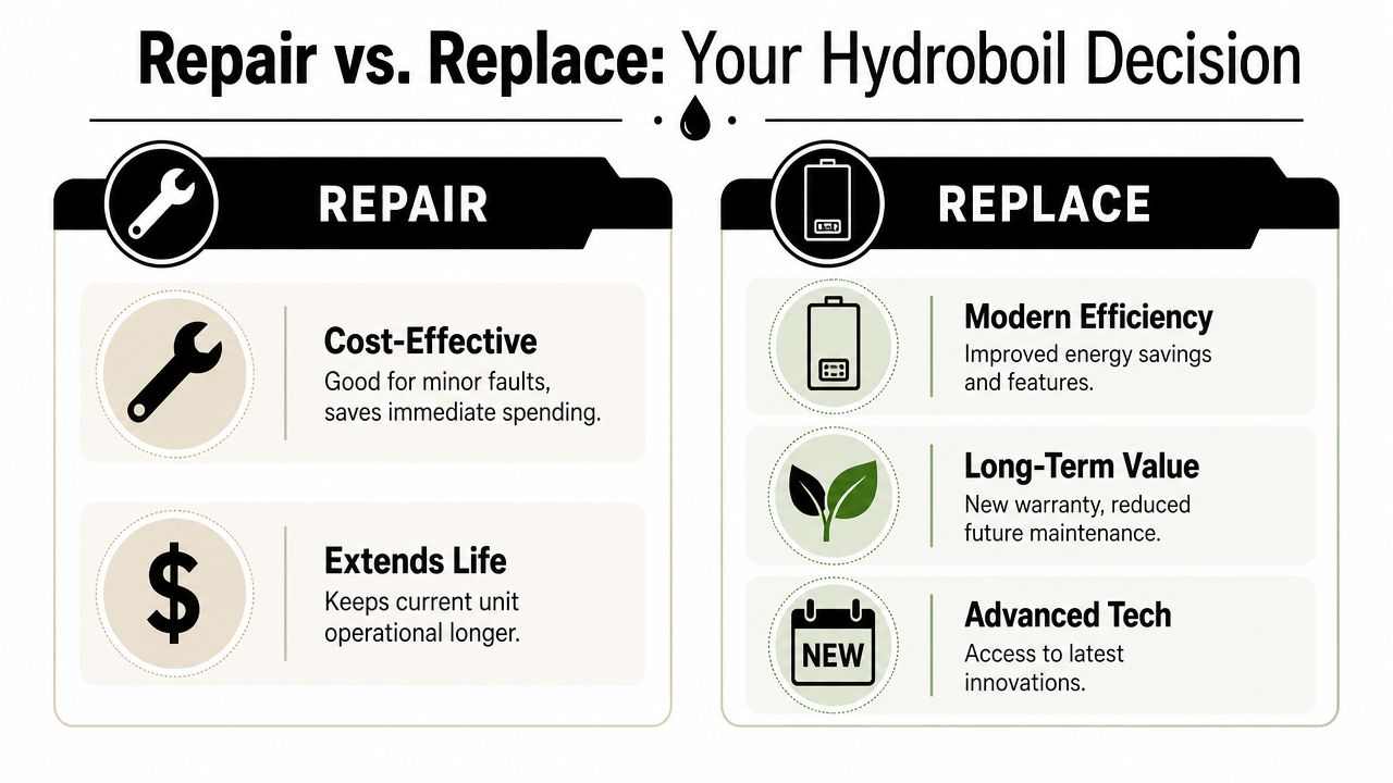 A comparison chart showing benefits of repairing versus replacing a Hydroboil water heating unit for homeowners.