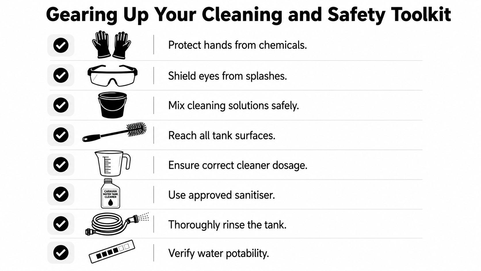 An infographic checklist for essential items and tools used when cleaning a caravan water tank safely.