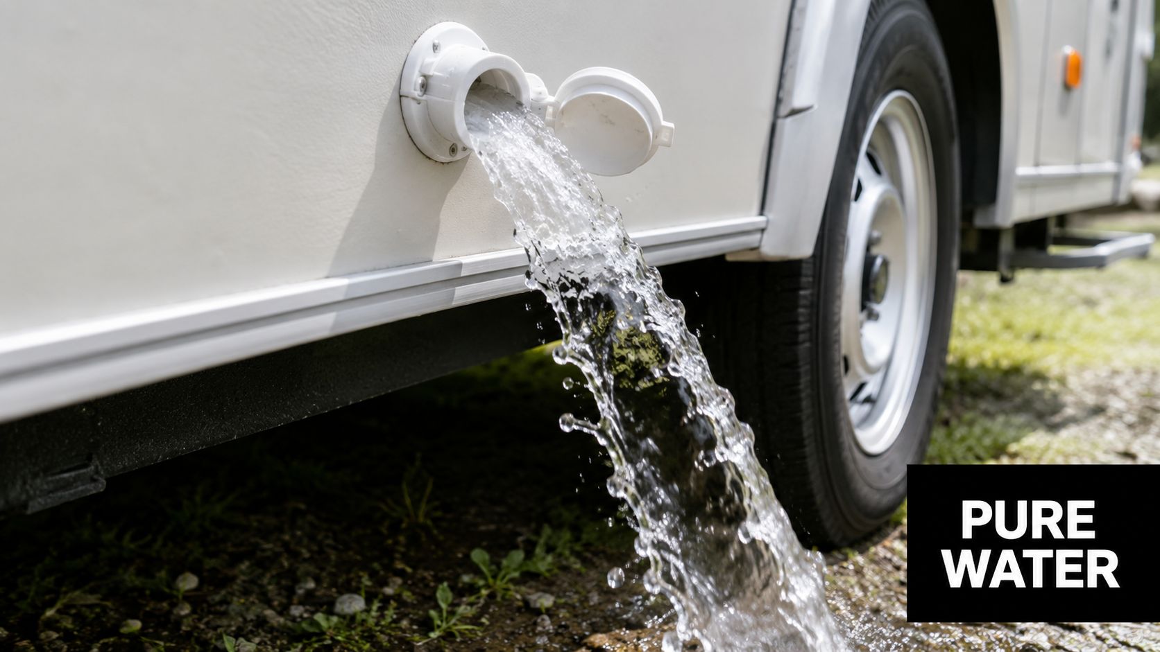 A close-up view of water draining from the side outlet of a white caravan onto the grass.