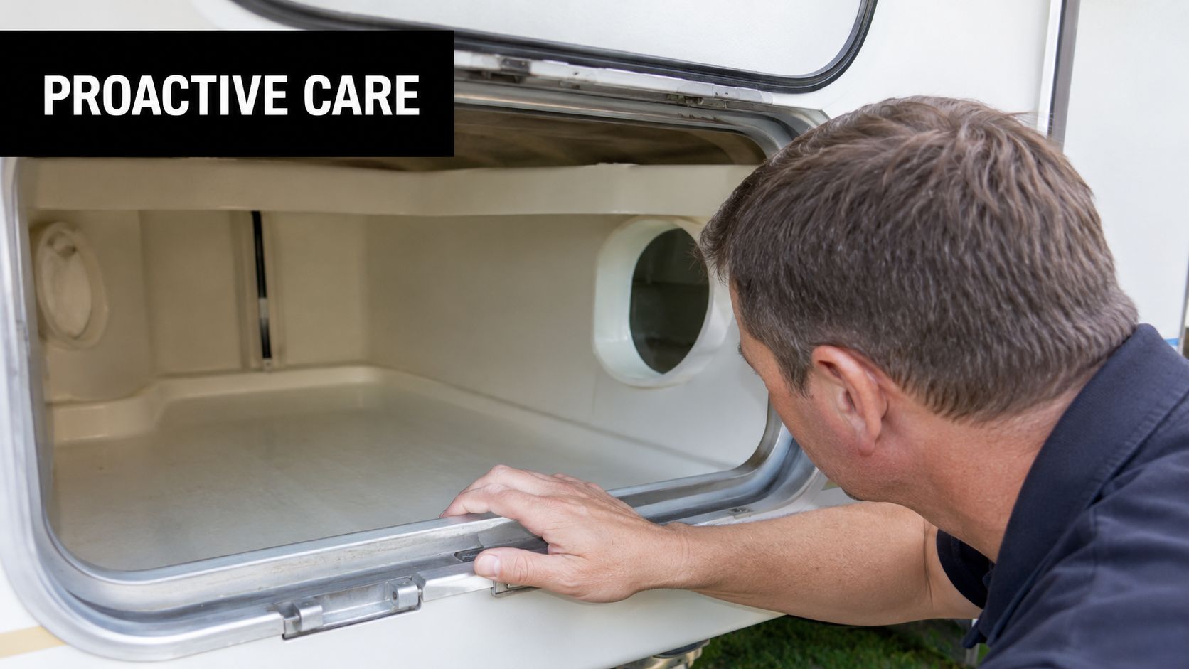 A technician inspects the empty storage compartment of a caravan as part of proactive maintenance.