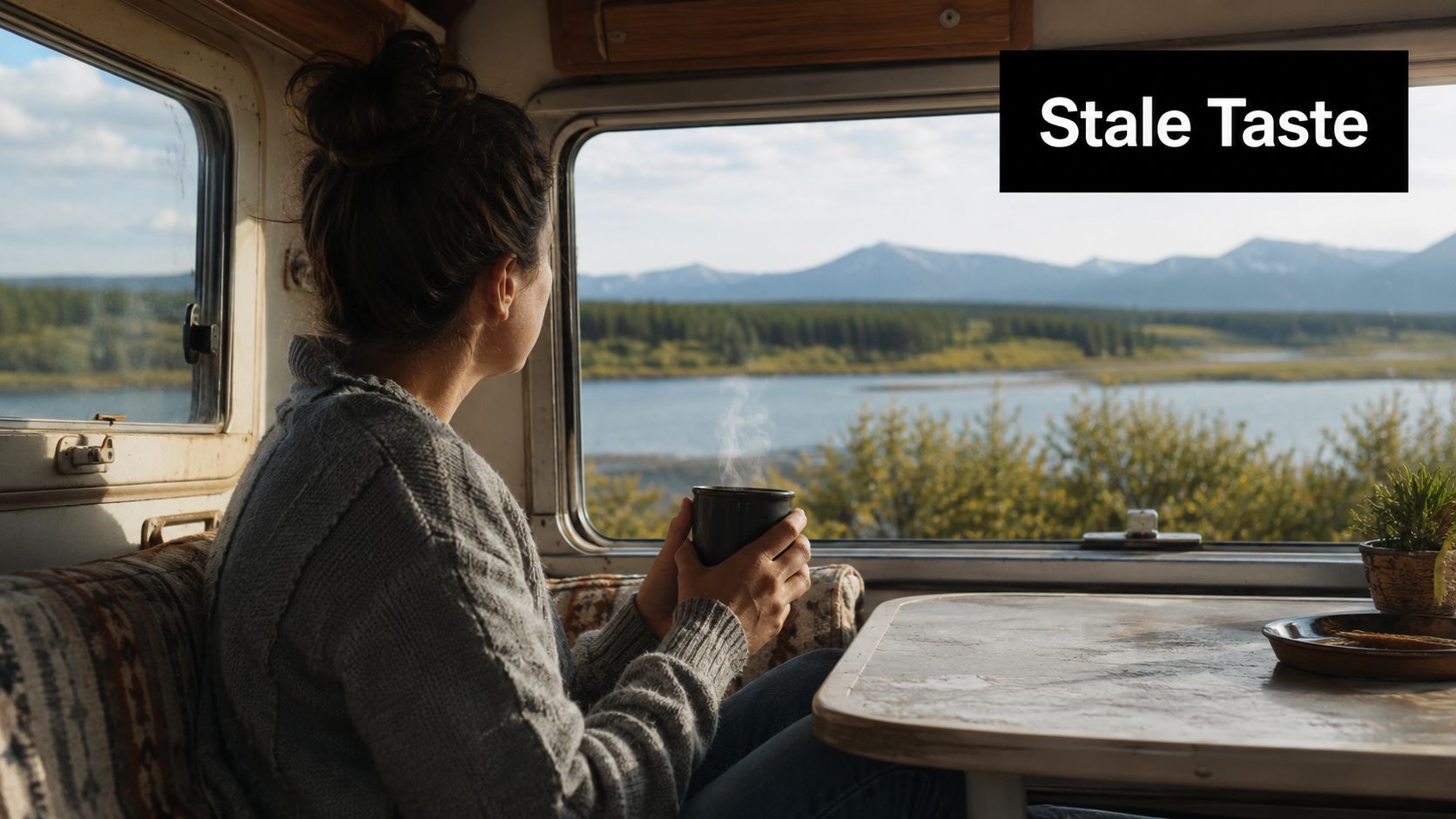 A woman looks out a caravan window at a beautiful landscape while holding a warm mug.
