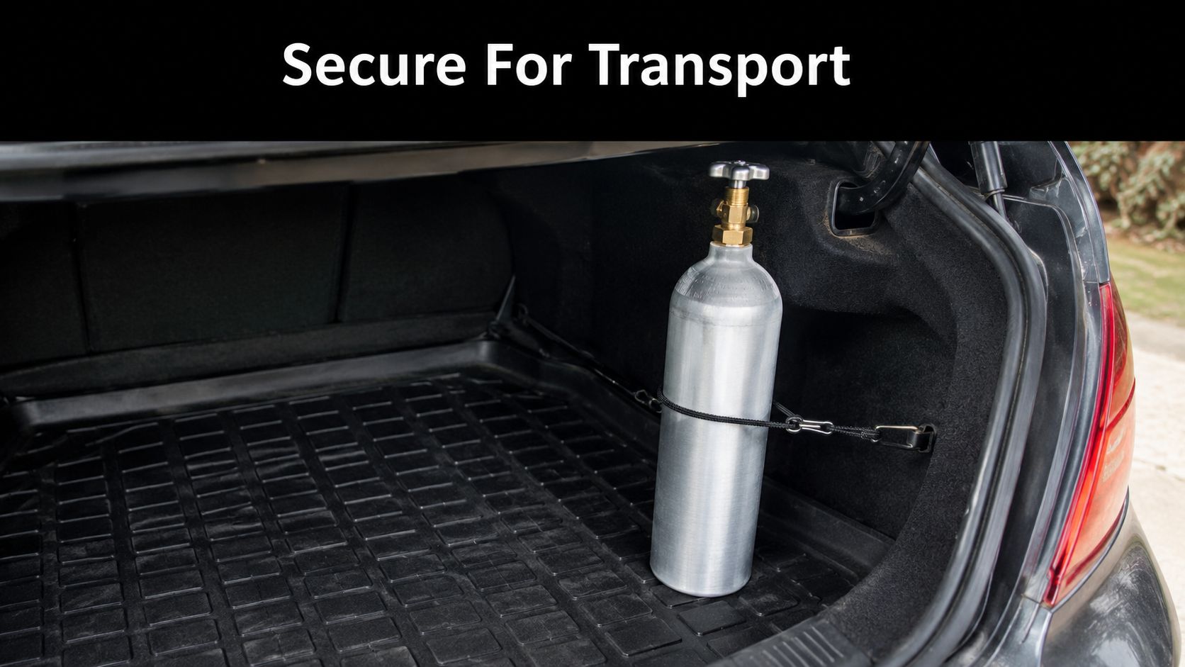 A silver gas cylinder is securely strapped upright in the trunk of a car for safe transport.