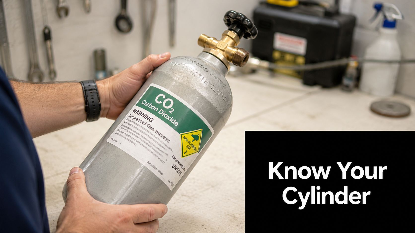 A person holding a silver carbon dioxide gas cylinder labeled with safety warning information in a workshop.