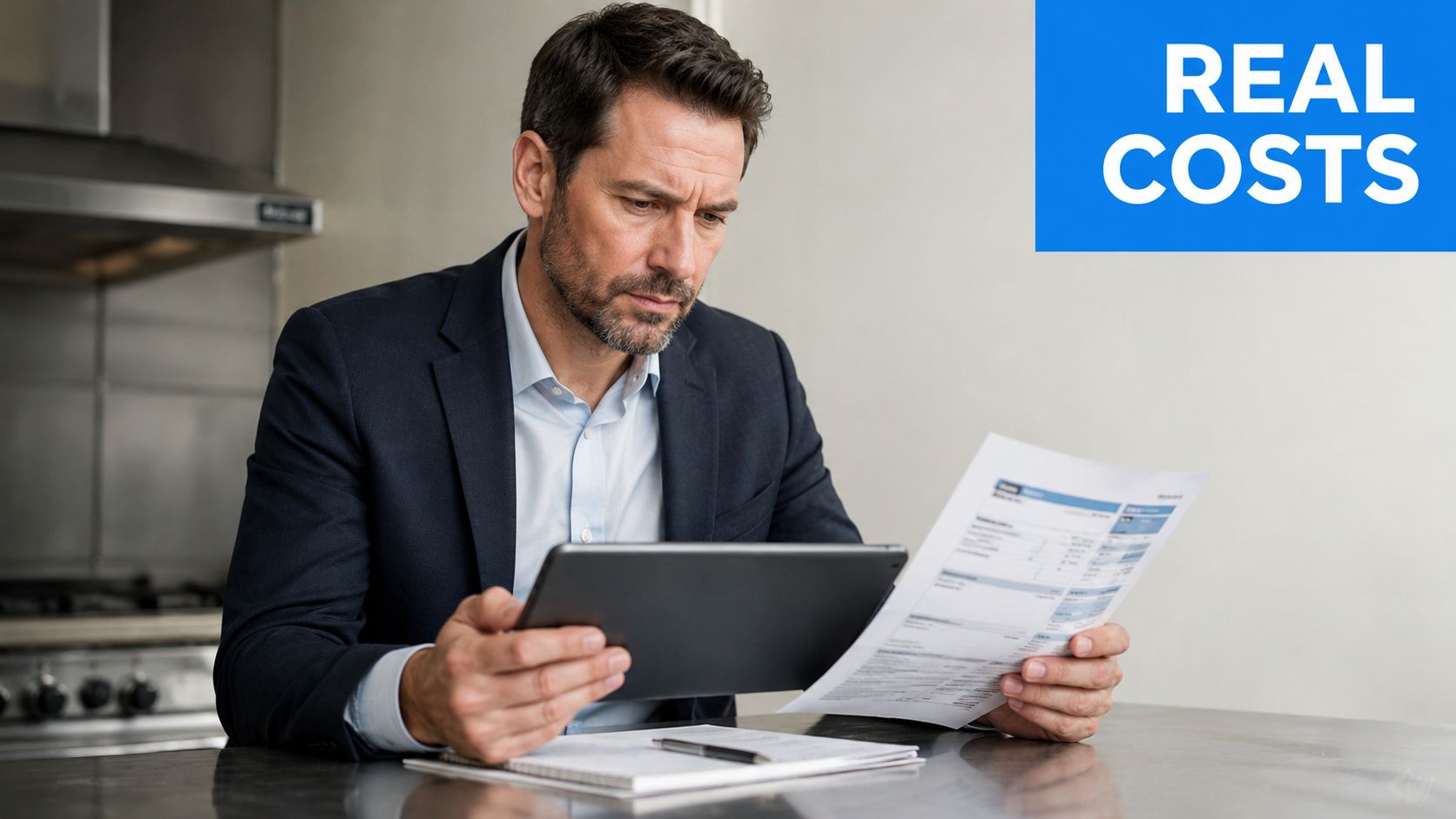 A concerned professional reviewing financial documents and a digital tablet to analyze commercial instant hot water system costs.