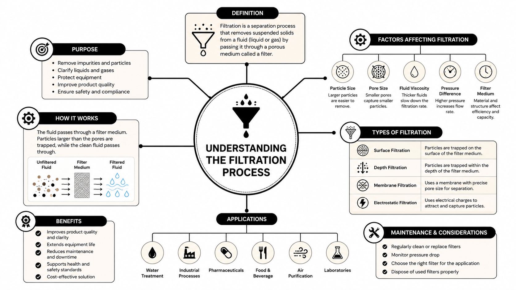 An infographic diagram explaining the filtration process, its applications, types, and factors affecting performance.