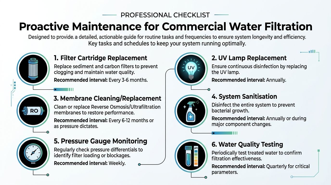 A professional infographic outlining six essential maintenance tasks for commercial water filtration systems with recommended service intervals.